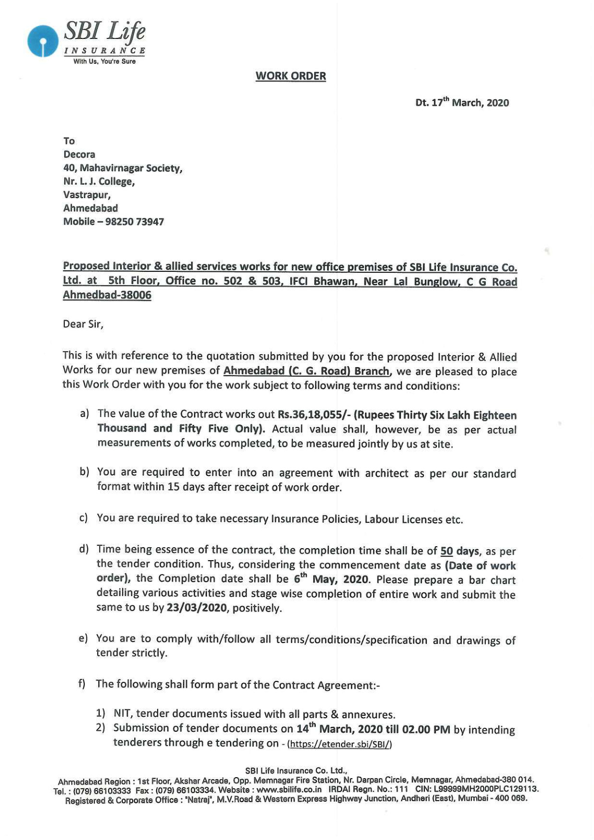 SBI Life Work Order